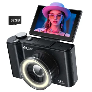 4K Digital Camera w/Ring Light, Flip Screen with SD Card